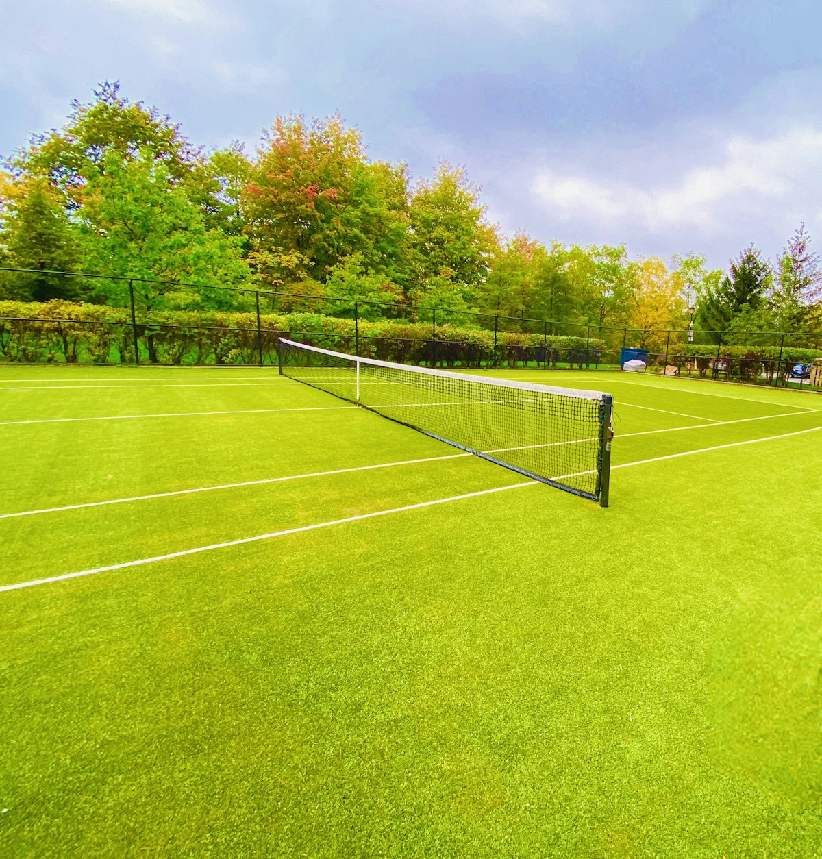 Lush green grass tennis court with net