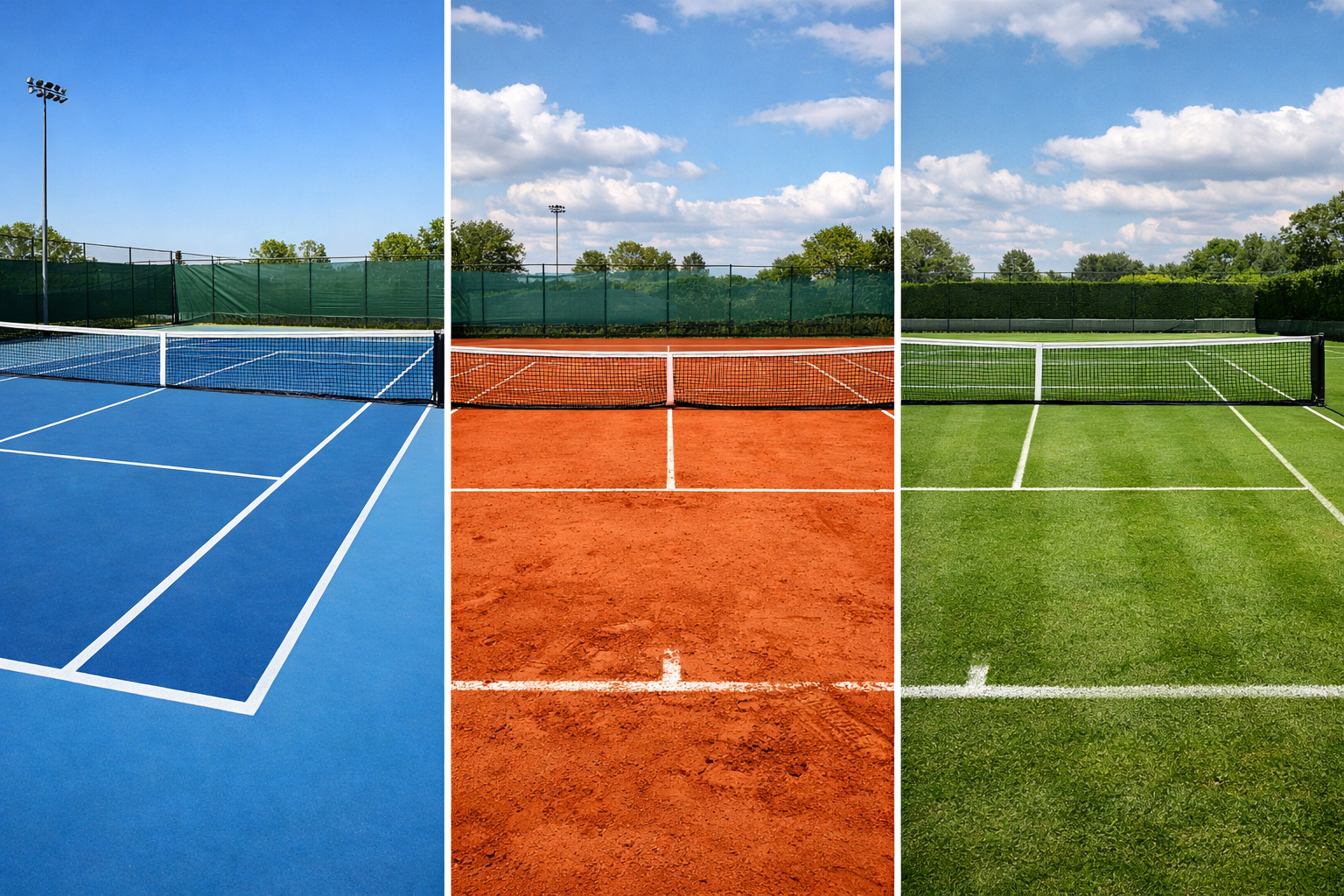 Hard court, clay court, and grass court side by side